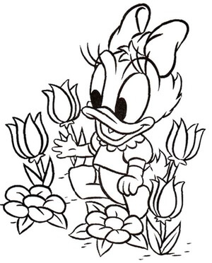 Kolorowanka Mała Kaczka Daisy z Kwiatowym Ogrodem