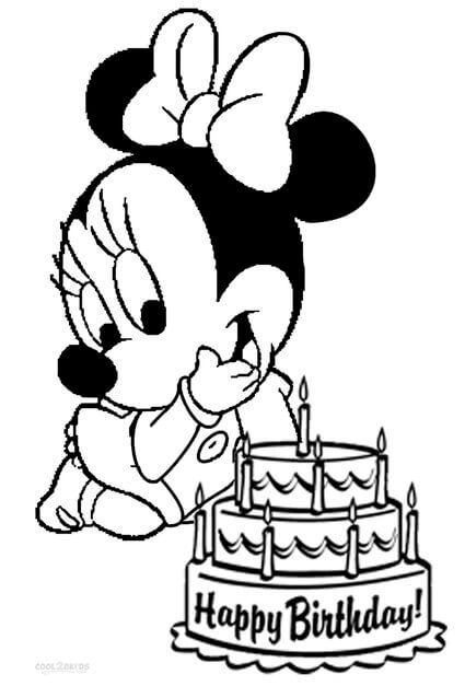 Kolorowanka Mała Myszka Minnie i tort Urodzinowy