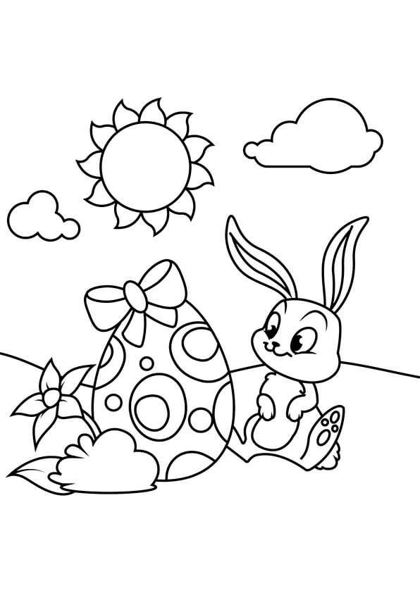 Kolorowanki Mały Królik Siedzący z Dużym Jajkiem Wielkanocnym