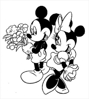 Kolorowanka Myszka Miki Trzymająca Bukiet Kwiatów i Myszka Minnie