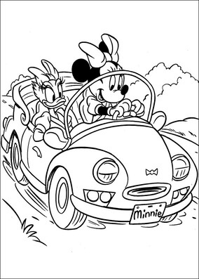 Kolorowanki Myszka Minnie i Kaczka Daisy jeżdżące Samochodem