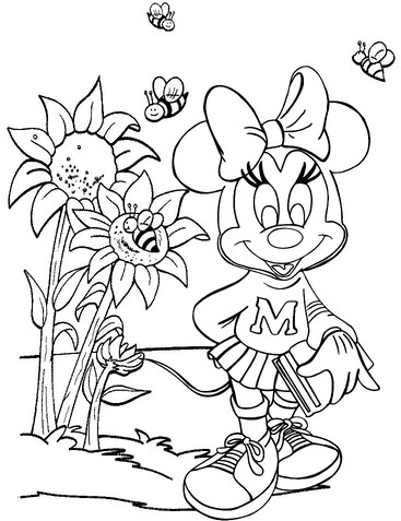 Kolorowanki Myszka Minnie z Kwiatkiem i Pszczołami