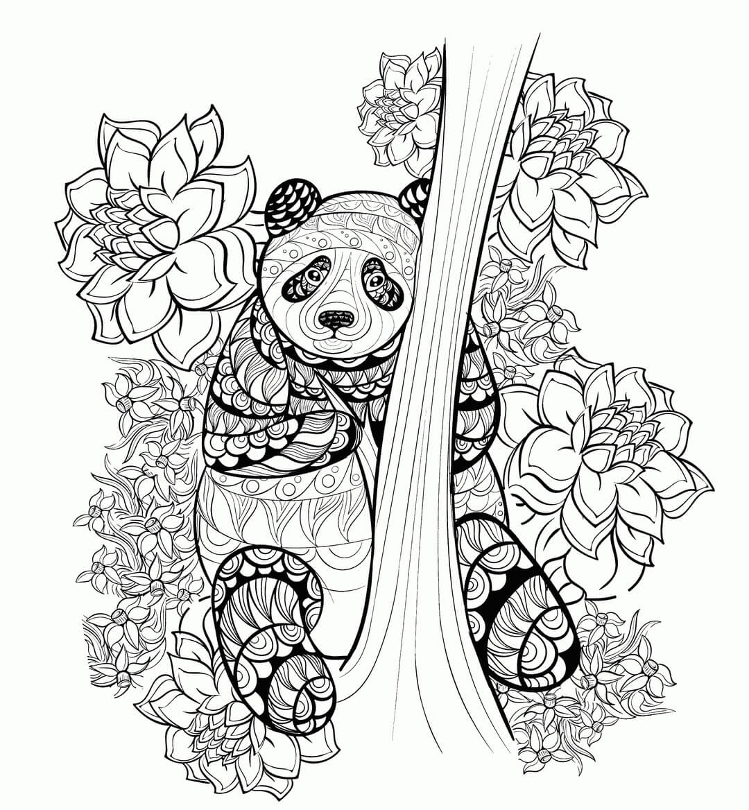 Kolorowanka Panda Przytulająca się do Gałęzi z Kwiatami Mandala
