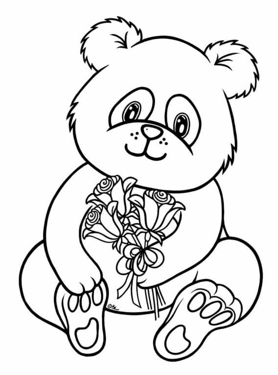 Kolorowanka Panda trzymająca Kwiaty