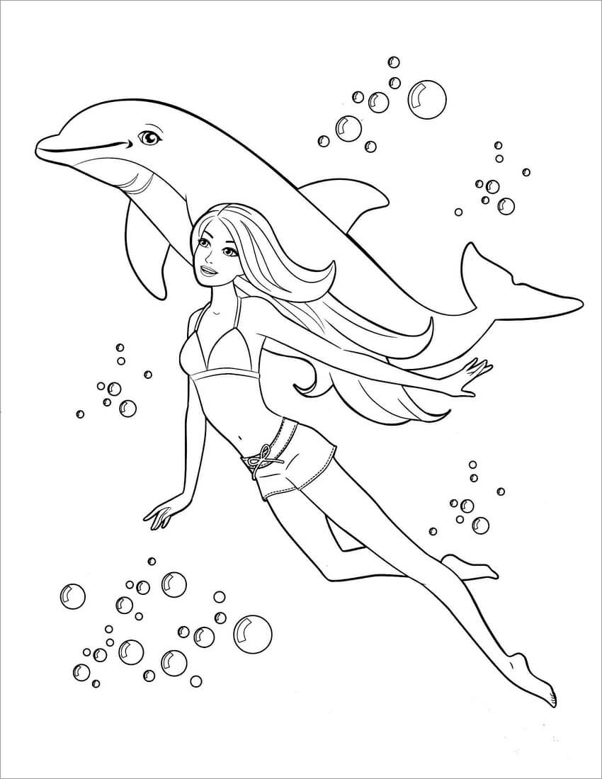 Kolorowanka Pływanie Delfinów i Dziewczyn