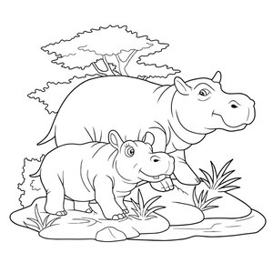 Kolorowanka Podstawowy Hipopotam matka i mały Hipopotam
