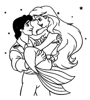Kolorowanka Rysowanie Syrenki Ariel w ramionach Erica