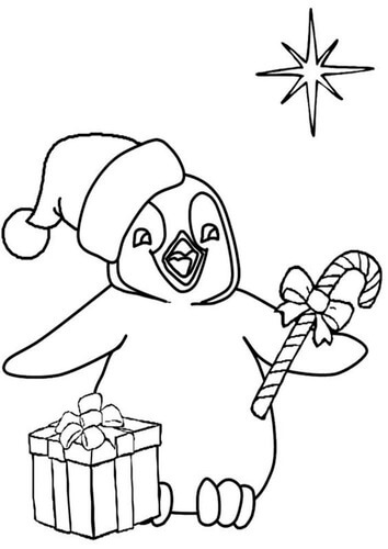 Kolorowanki Świąteczny Pingwin z Pudełkiem na Prezenty