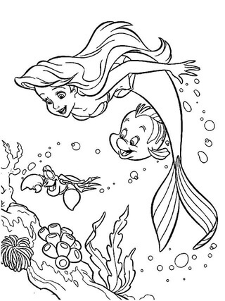 Kolorowanka Syrenka Ariel Pływająca z rybą i Krabem