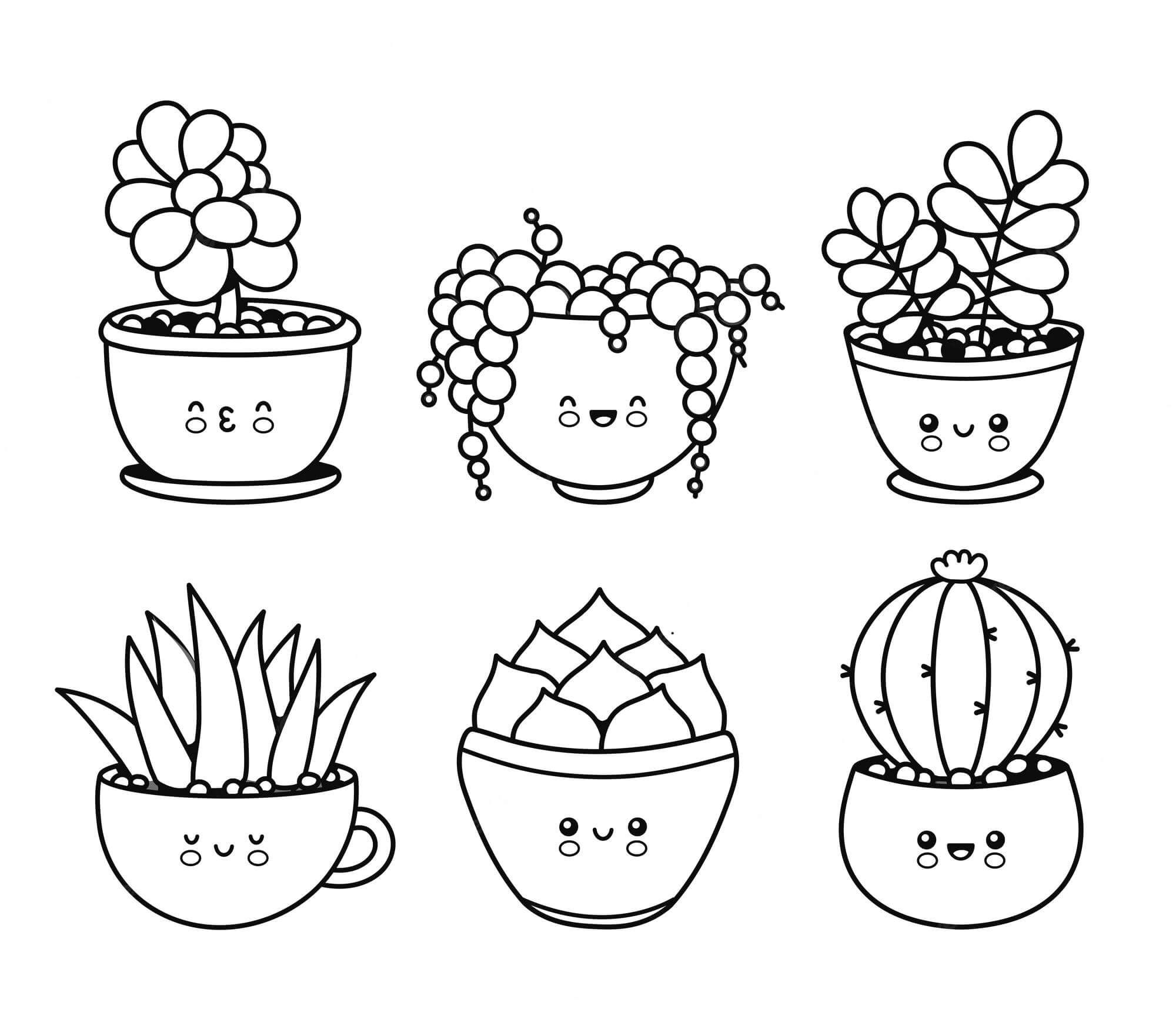 Kolorowanka Six Kawaii Potted Cactus
