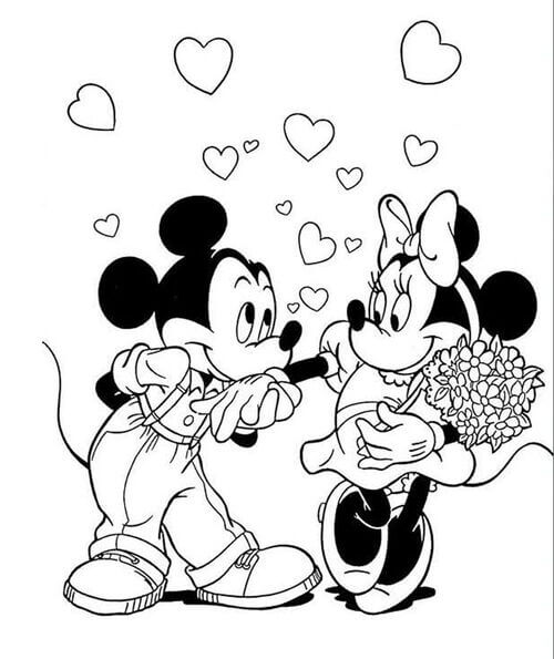Kolorowanki Uśmiechnięta Myszka Miki i Myszka Minnie trzymające Bukiet Kwiatów