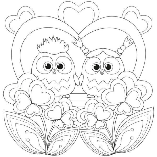 Kolorowanki Couple Owl with Flowers in Valentine