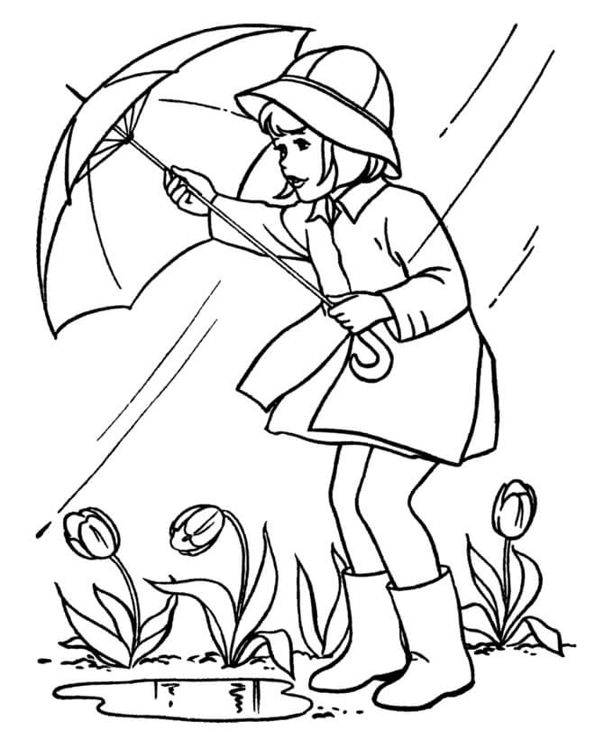 Kolorowanka Dziewczyna Trzymająca Parasolkę na Wiosnę