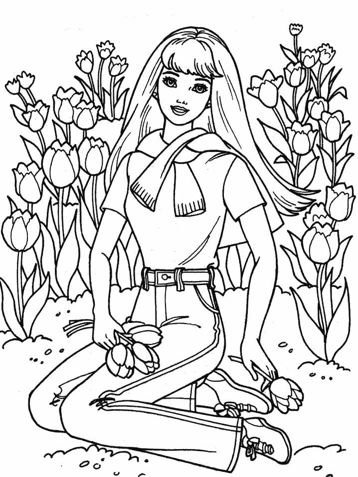 Kolorowanka Dziewczyna z Kwiatami Ogród na Wiosnę