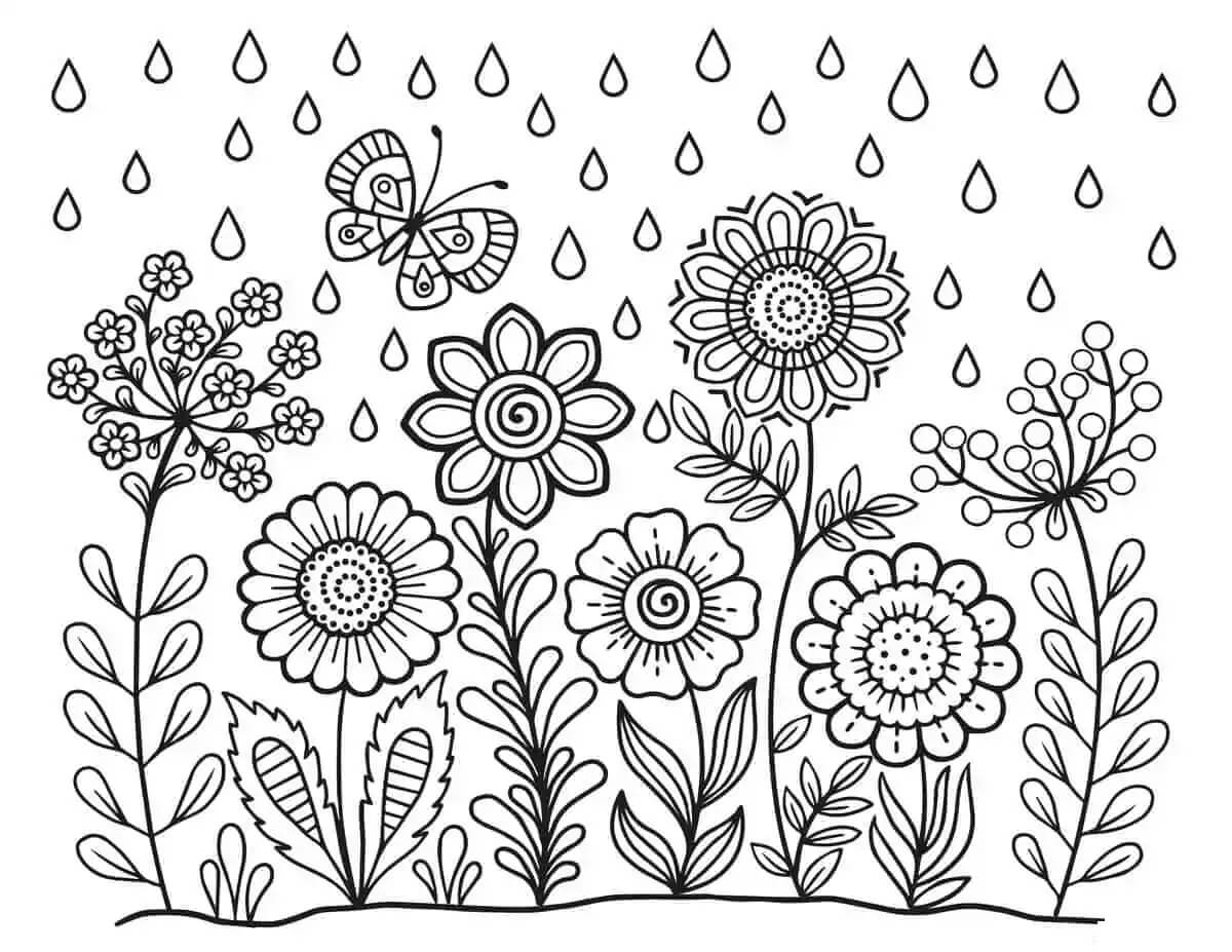 Kolorowanka Kwiatowy Ogród z Deszczem na Wiosnę