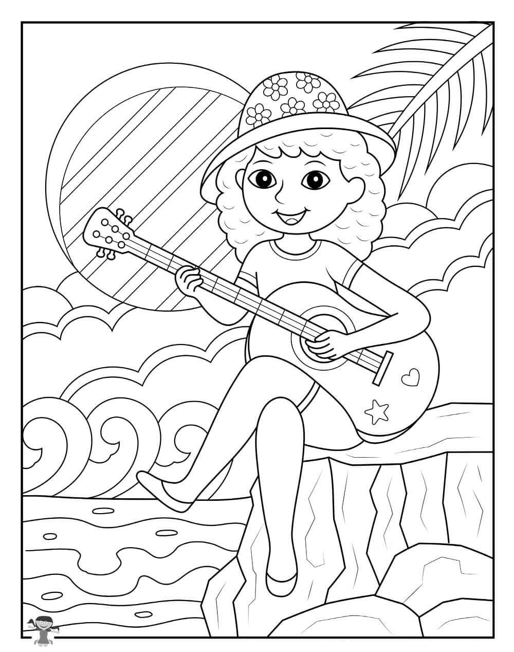 Kolorowanka Zabawna Dziewczyna Grająca na Gitarze Latem