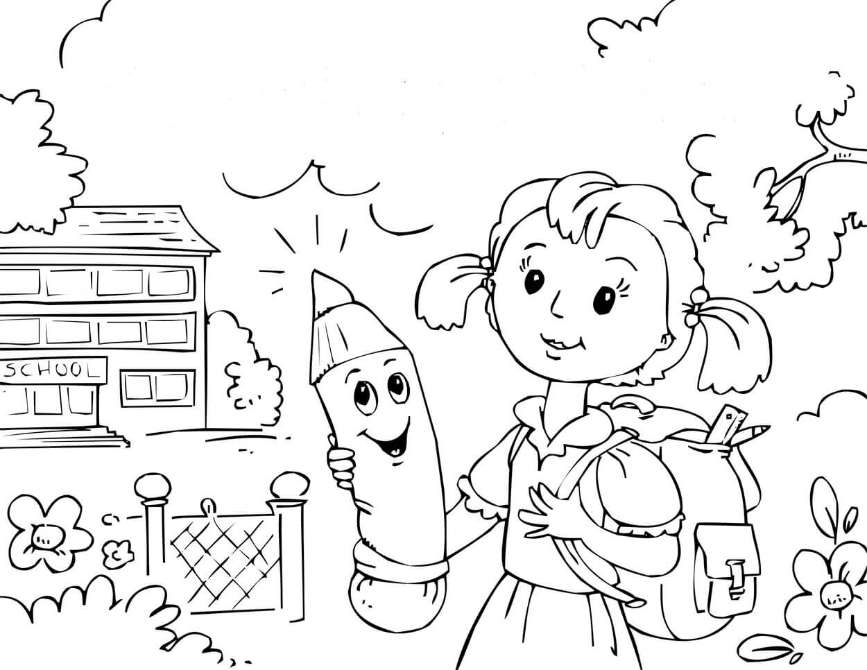 Kolorowanki Dziewczynka Trzymająca Ołówek Szczęśliwie Chodząca do Szkoły