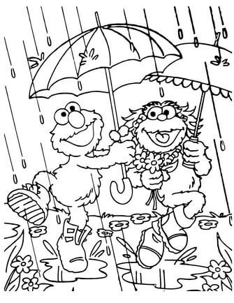 Kolorowanka Elmo i Przyjaciel Trzymający Parasolkę w Deszczu