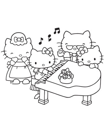 Kolorowanka Hello Kitty gra na Pianinie z Rodziną