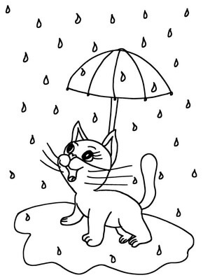 Kolorowanka Kot Trzyma Parasol w Deszczu