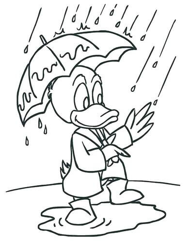 Kolorowanka Kreskówka Kaczka Trzymająca Parasol w Deszczu