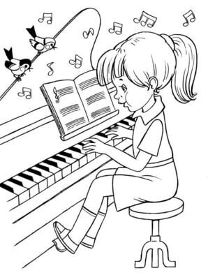 Kolorowanka Mała Dziewczynka Grająca na Pianinie i dwa Ptaki