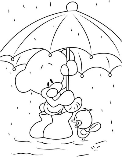 Kolorowanka Miś Pimboli Trzymający Parasolkę w Deszczu