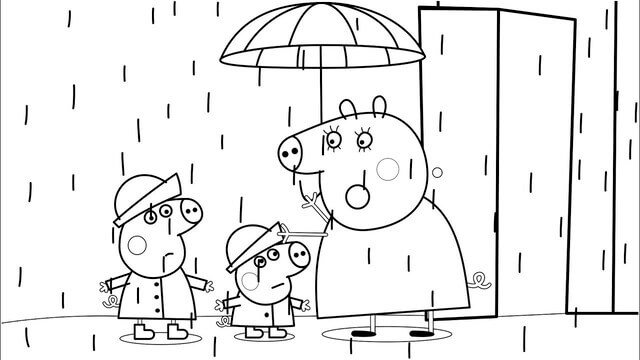 Kolorowanka Rodzinna świnka Peppa w Deszczu