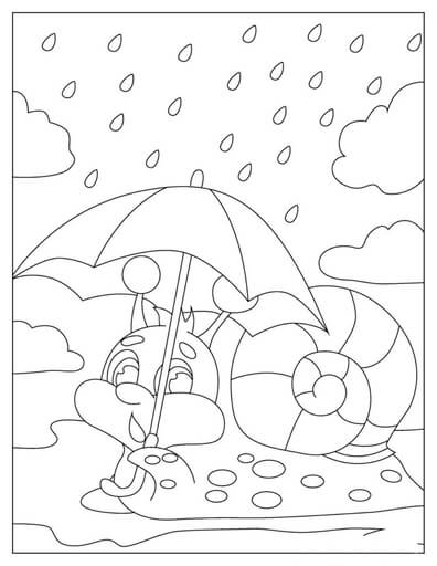 Kolorowanka Ślimak Kreskówka Trzymając Parasol w Deszczu