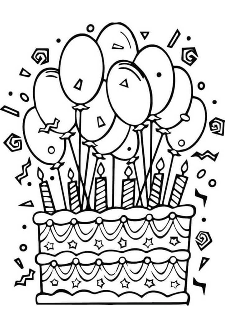 Kolorowanka Tort Urodzinowy z Balonami z Okazji Urodzin