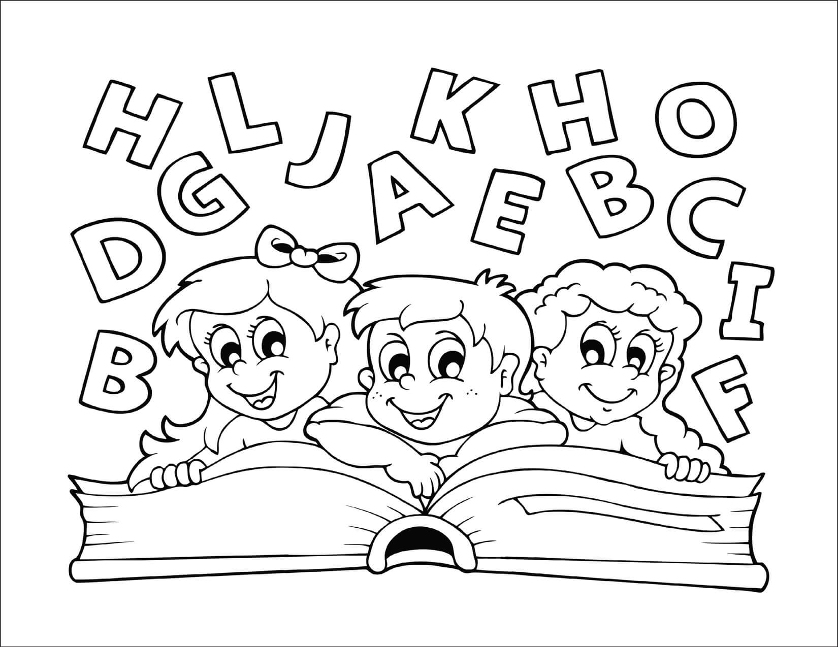Kolorowanki Troje Dzieci Czyta Książkę w Szkole