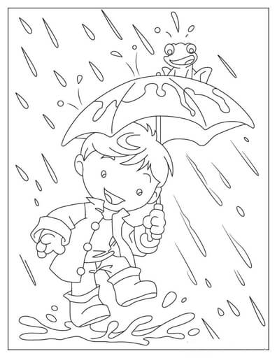 Kolorowanka Zabawny Chłopiec i żaba w Deszczu