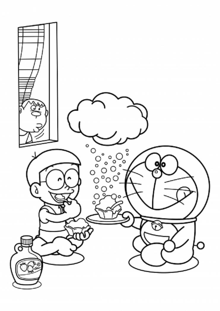Kolorowanka Chaien patrzył, jak Nobita i Doraemon Jedzą Ciasto
