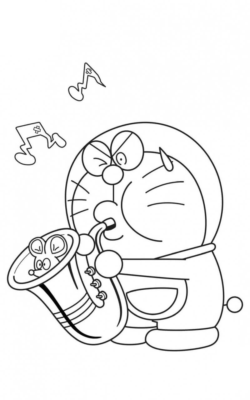 Kolorowanka Doraemon Dmucha w Saksofon i Mysz