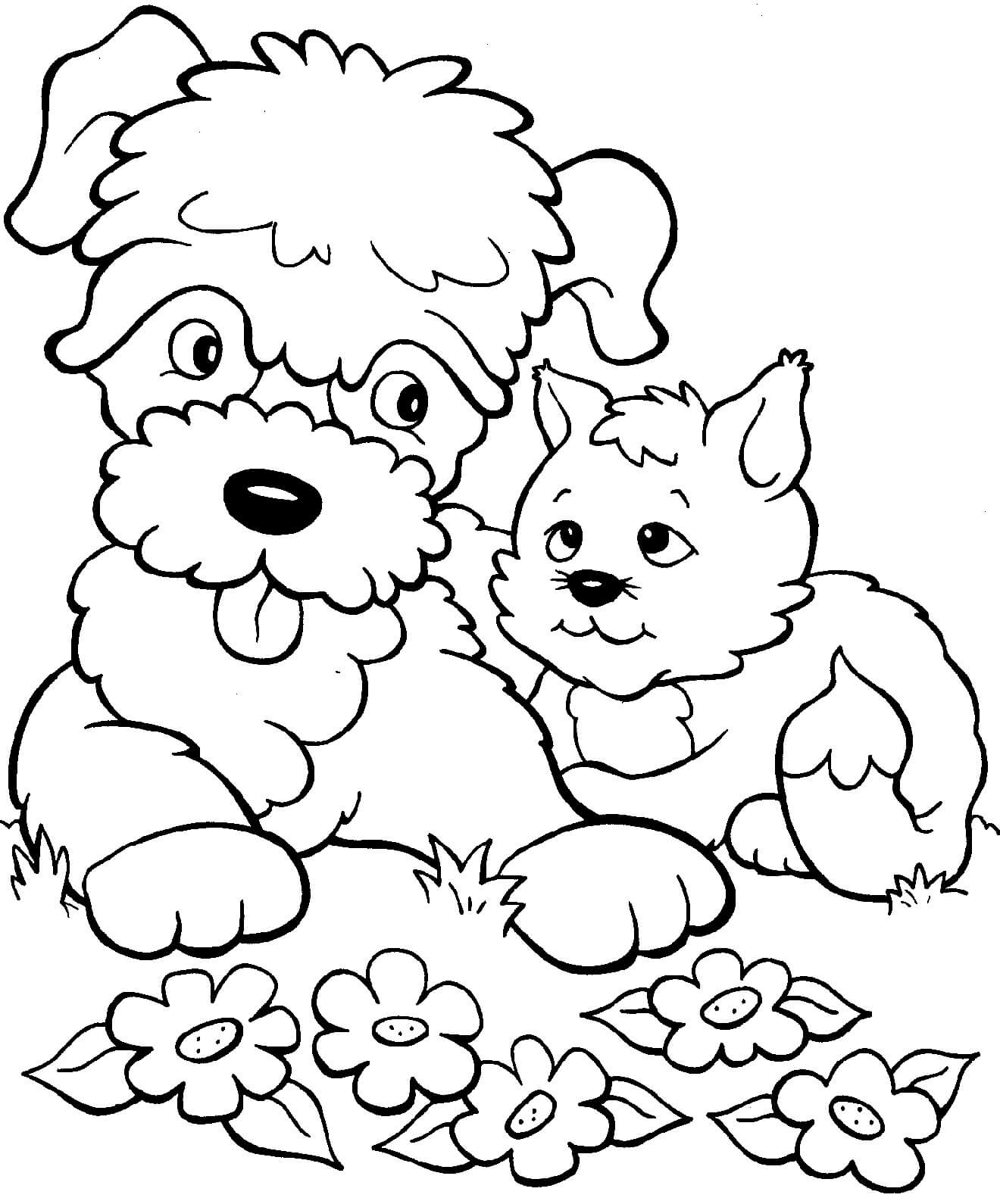 Kolorowanka Kotek i Pies z Kwiatami