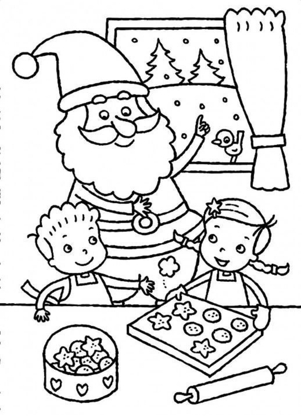 Kolorowanka Święty Mikołaj i Dwójka Dzieci Wspólnie Pieką Ciasteczka