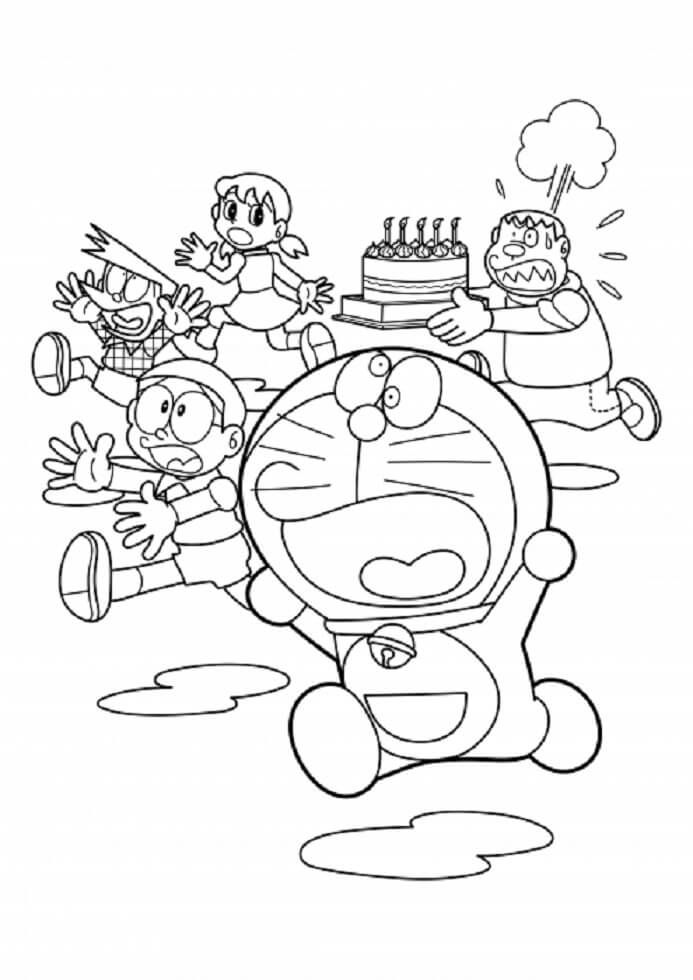 Kolorowanka Wściekły Jaian i Doraemon z Przyjaciółmi Biegającymi