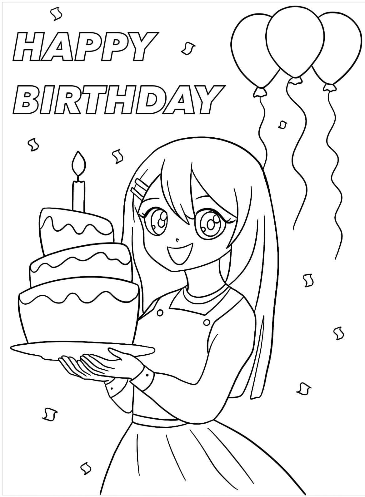 Kolorowanka Dziewczyna z Anime z Okazji Urodzin