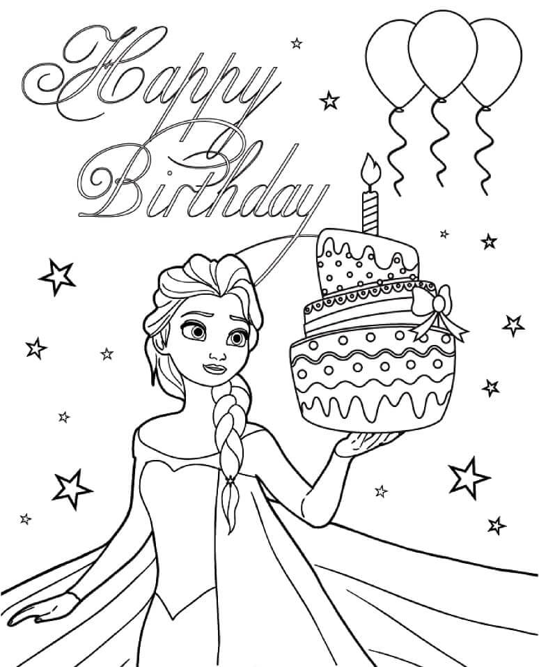 Kolorowanki Elsa Trzymająca Tort Urodzinowy