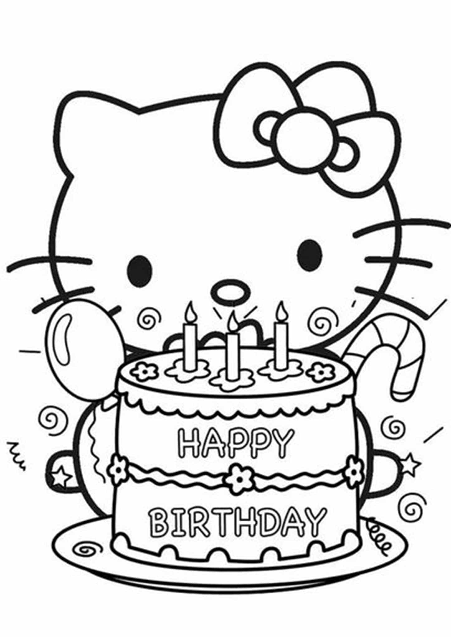 Kolorowanka Hello Kitty z Tortem Urodzinowym w Wszystkiego Najlepszego