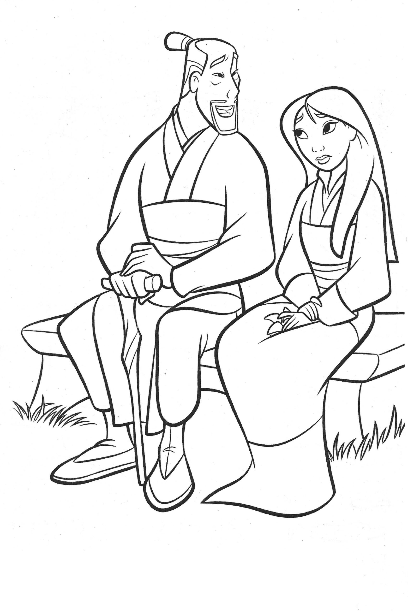 Kolorowanka Mulan i Hua Zhou Siedzą