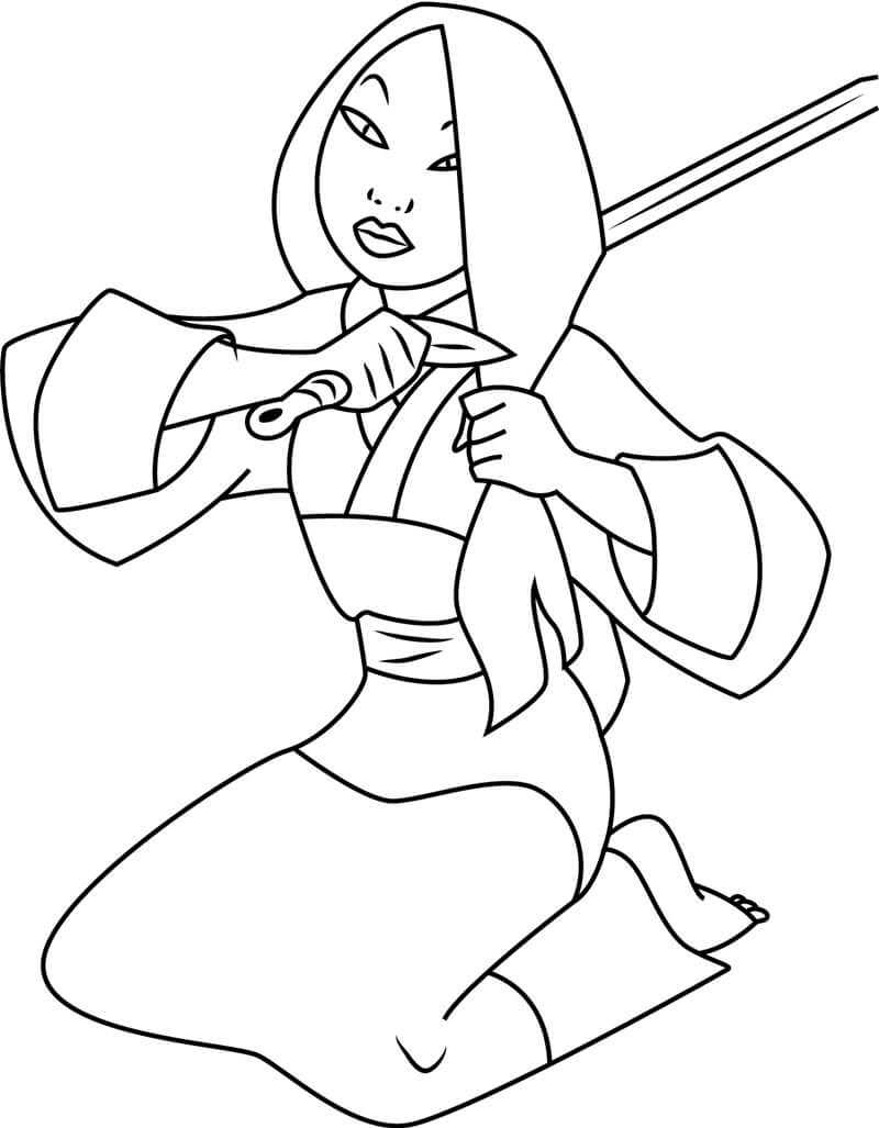 Kolorowanka Mulan ścina Włosy Mieczem