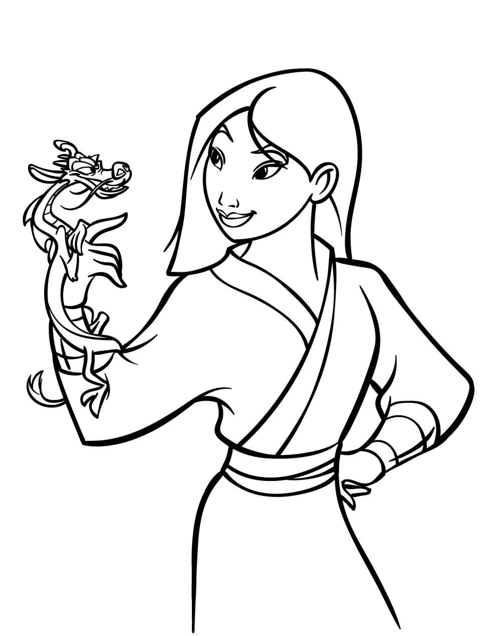 Kolorowanka Mulan trzyma Mushu