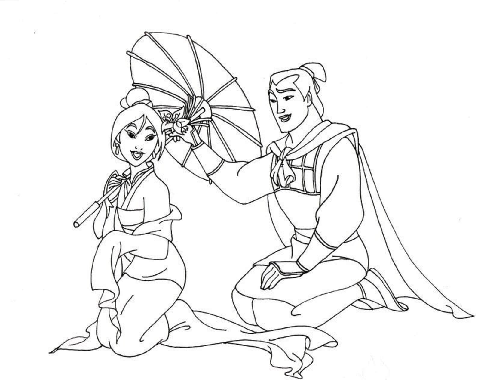 Kolorowanka Mulan z Parasolem z Li Shang