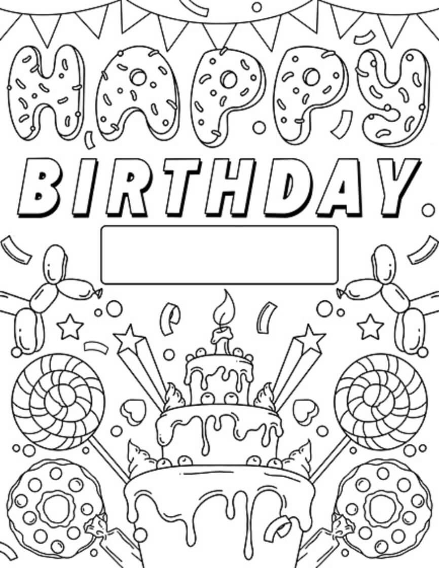 Kolorowanka Tort Urodzinowy i Słodycze na Urodziny