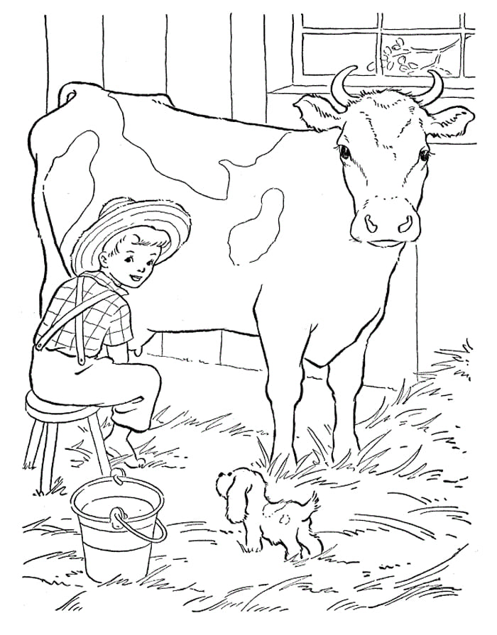 Kolorowanki Dziecko rolnik i krowa