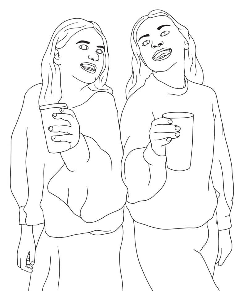Kolorowanka Dwie nastoletnie dziewczyny po zimnym napoju