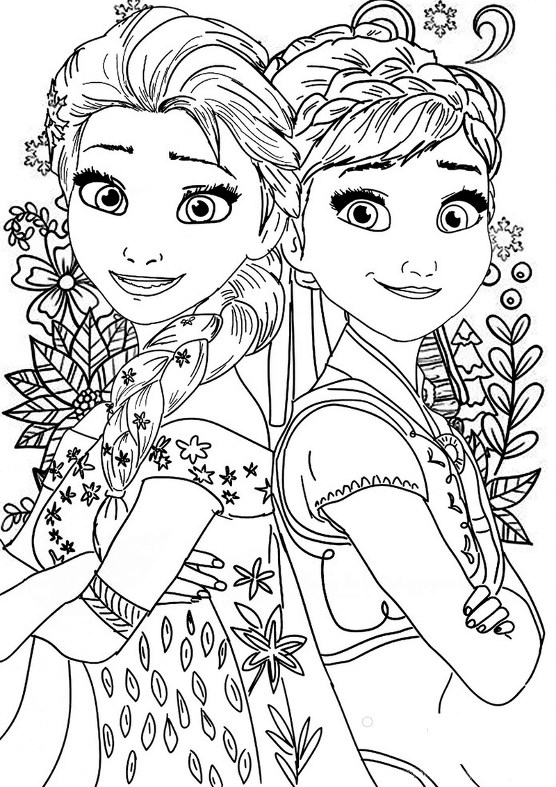 Kolorowanka Księżniczka Elsa i Anna z kwiatami