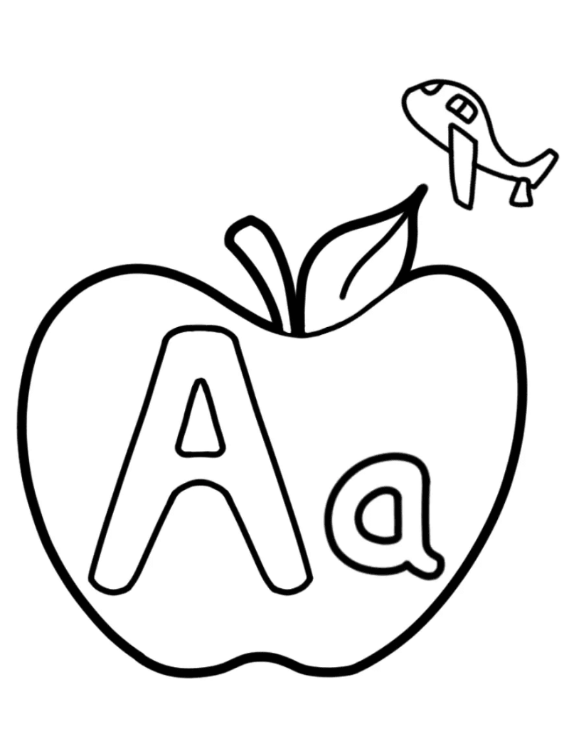 Kolorowanka Litera A dla jabłka i samolotu