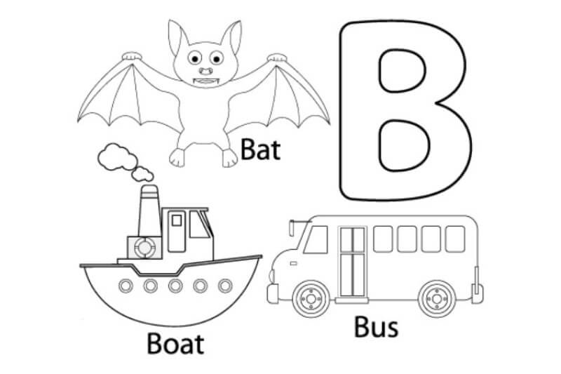 Kolorowanka Litera B dla nietoperza, łodzi i autobusu